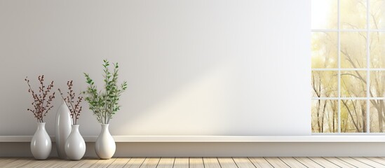 White Scandinavian interior with grass in vases on floor large window landscape Nordic home design mockup