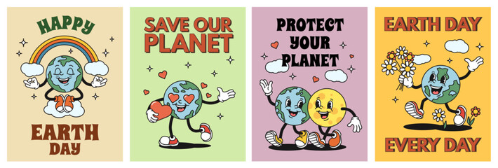 Cartoon planet Earth posters. Happy Earth day sticker, save our planet flyer with retro globe mascot character vector illustration set
