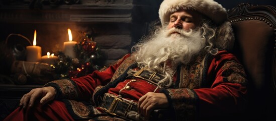 Santa Claus relaxing by the fire and Christmas tree in his home