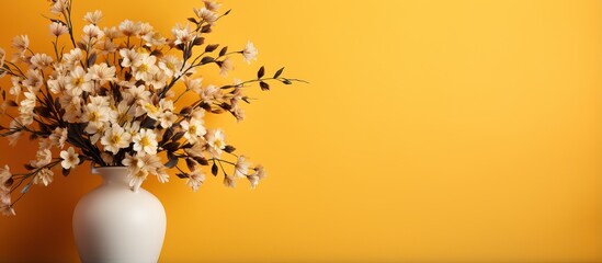 Fake flower arrangement on yellow backdrop