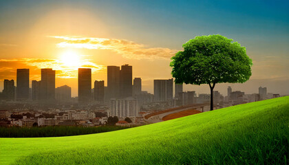 Fototapeta na wymiar Serene Sunrise Cityscape Green Grass and a Lone Tree