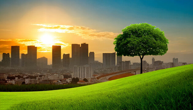 Serene Sunrise Cityscape Green Grass and a Lone Tree