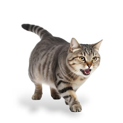 front view, a gray tabby cat is walking, isolated on transparent background.