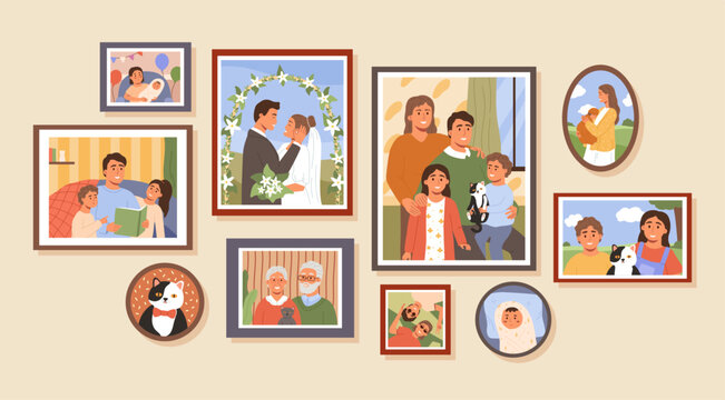 Cartoon family life photo frames. Memories wall with family history photos, children portraits and marriage picture vector illustration