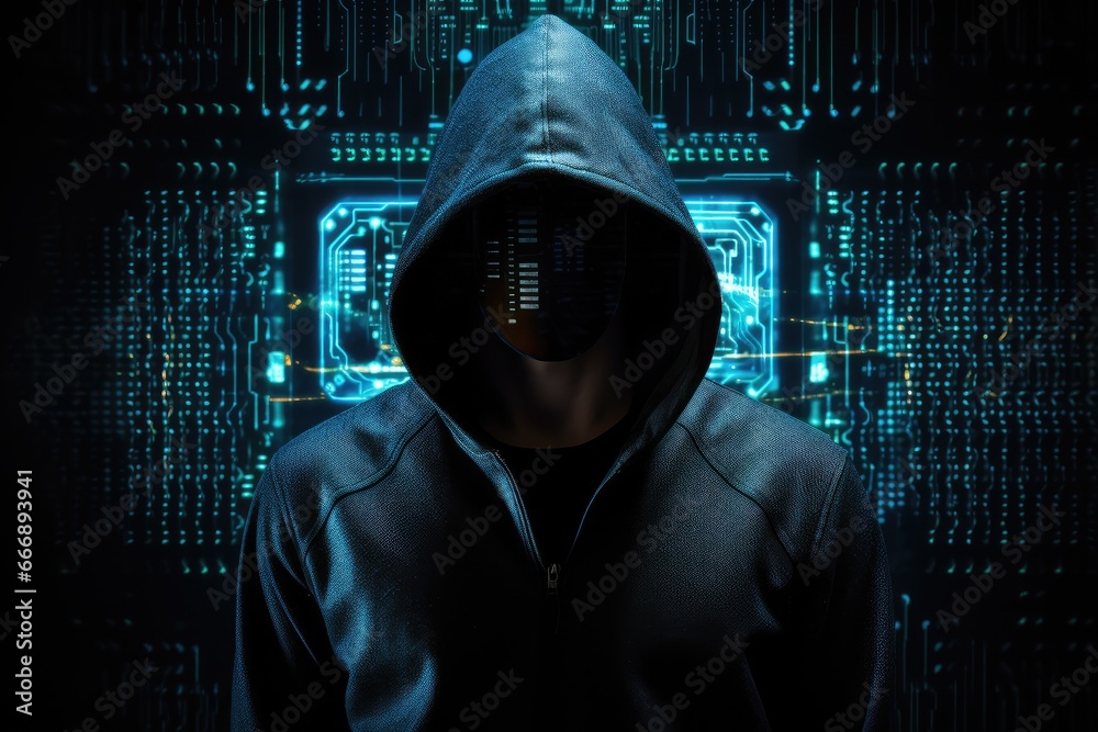 Poster hooded hacker in front of a circuit board with technology concept, hacker in hood and circuit board 