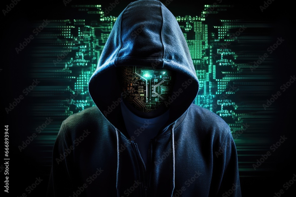 Poster hooded hacker with glowing binary code on dark background. hacking concept, hacker in hood and circu