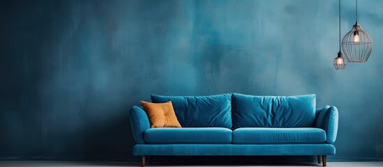 Close up picture of a blue patterned sofa in an empty room ideal for text