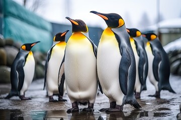 Obraz premium Group of king penguins in the zoo. King penguin Aptenodytes patagonicus, Group of king penguins in the zoo. Wildlife scene from nature, AI Generated