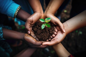 Close up of hands holding young plant in soil. Earth day concept, Hands of diverse people holding a seedling in the soil together, AI Generated