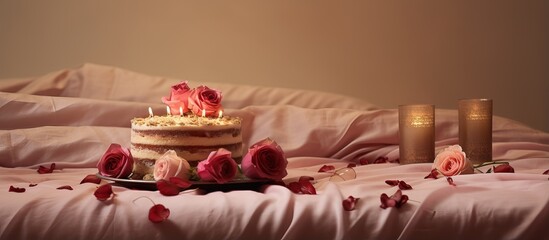 Bed with a romantic birthday cake
