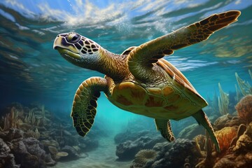 Obraz premium Green sea turtle swimming underwater in the ocean. 3d illustration, Hawaiian Green Sea Turtle Chelonia mydas in the Red Sea, AI Generated