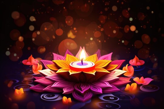 Happy Diwali festival of lights background with diya. Vector illustration, Happy Diwali festival of lights background with diya and flowers, AI Generated