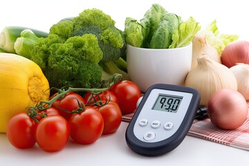 Glucometer with result of measurement sugar level and fresh vegetables, isolated on white, Healthy...