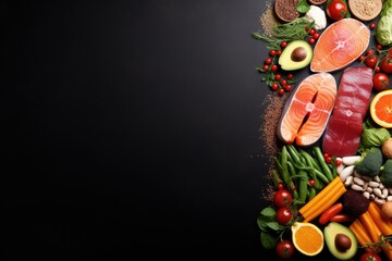 Healthy food background with fresh vegetables and meat on black table, top view, Healthy food clean eating selection: fish, fruits, vegetables, cereals and nuts, AI Generated