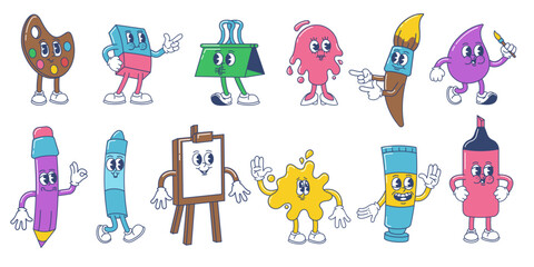 Art supplies cartoon mascot. Funny art school characters, creative pallet, paint, pencil and easel with canvas vector illustration set