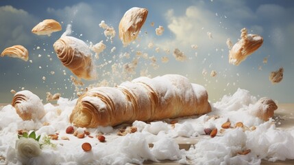 Obraz na płótnie Canvas a croissant is falling into a pile of cotton. generative ai