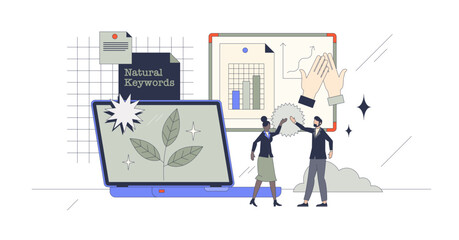 Organic SEO tips to promote or boost website ranking retro tiny person concept, transparent background. Effective search engine optimization work with natural keywords illustration.