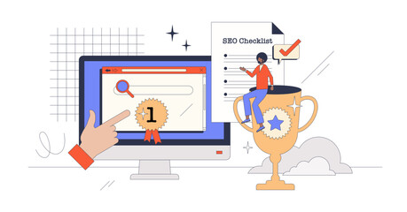 How to rank on search engine ratings with SEO retro tiny person concept, transparent background. Keyword optimization with effective title and description for website ranking growth illustration.