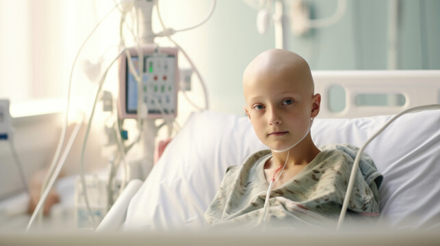 Portrait of bald boy child suffering fighting with cancer. Bald kid patient with nasal oxygen tube looking at camera sitting in bed at hospital ward. Healthcare concept. Boy with strengt and hope