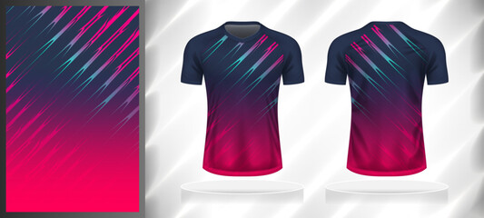 Vector sport pattern design template for V-neck T-shirt front and back with short sleeve view mockup. Dark and light shades of blue-pink color gradient abstract line texture background illustration.