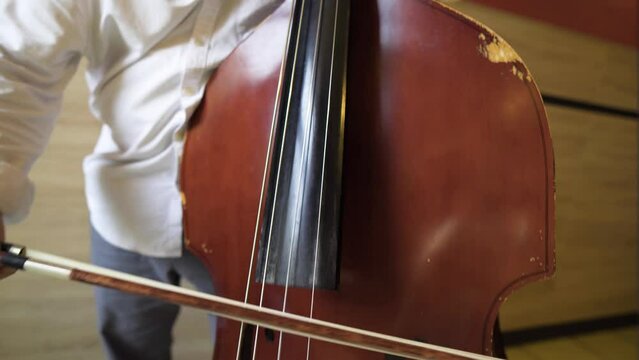 bottom up view of a mixed ethnicity Roma Gypsy male playing damaged weary antique instrument cello hitting notes strings natural Romani talent hidden mysterious culture close up white shirt elder man