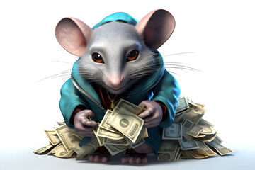 mouse character holding dollar money  3d illustration - obrazy, fototapety, plakaty