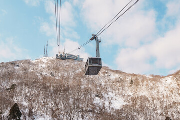 Beautiful landscape and cityscape from Hakodate Mountain with Snow in winter season. landmark and popular for attractions in Hokkaido, Japan.Travel and Vacation concept