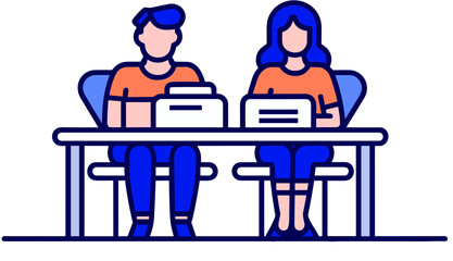 책상에 앉아 일, 공부하고 있는 남자와 여자 학생, 시험공부