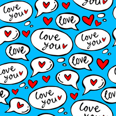 Love icons seamless pattern. Phrases I love you and red hearts on blue background. Valentines day. Bubbles with message text. Romantic design for wrapping paper, textile, cards, print - obrazy, fototapety, plakaty