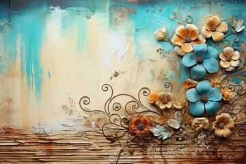 Blue and light brown distressed background with paper flowers, romantic weathered wall painting with space for text