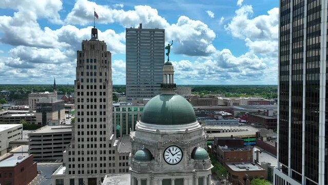 Allen County Courthouse in downtown Fort Wayne, Indiana. Aerial orbit on beautiful summer day.