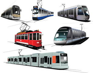 City transport. Six Trams. Vector illustration - obrazy, fototapety, plakaty