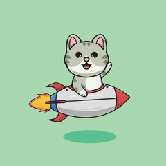 Cute cat riding rocket cartoon illustration