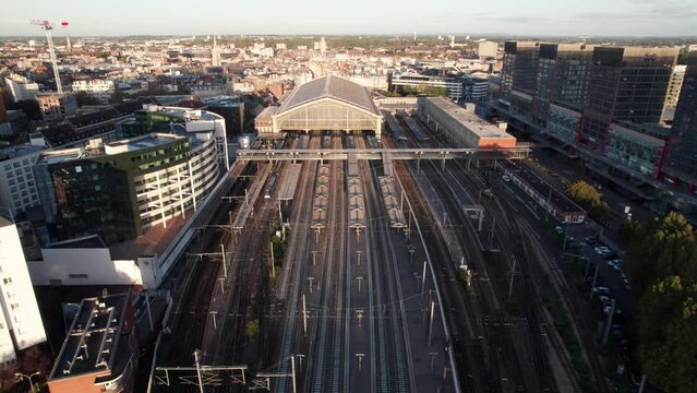 TGV Lille-Flandres railway station in Lille, France, 4K aerial shot