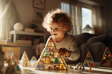2 year old boy collects a toy pyramid in his room