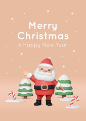 3D Santa Claus waving his hand, plump and cute Christmas character. Tree and candy cane render, snow. Vector New Year minimal illustration in cartoon plastic style. Greeting card, banner.