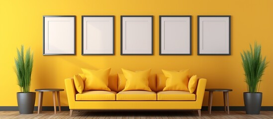 Yellow wall with three picture frames in a pleasant waiting room shown in a
