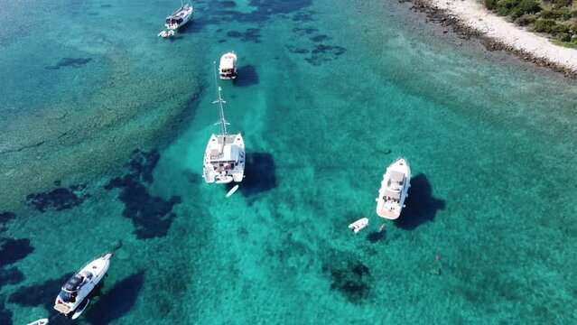 Yachts and cabin cruiser boats of different types and sizes anchored in clear blue water of Budikovac Lagoon, Croatia, Aerial