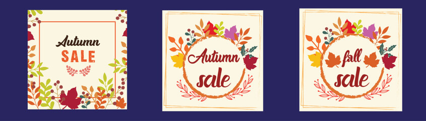 Autumn or Fall sale banner, background set with colorful leaves. Autumn discount, Hello Fall social media poster design templates with foliage frame.