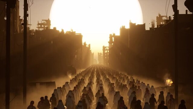 middle eastern dressed refugees walking out from a destroyed ruined city with debris and smoke all around and a huge sunset and the background, 3D animation, animated scene, camera dolly up