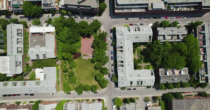 Aerial view over the Petite-Bourgogne suburbs, revealing the Canal de Lachine, in sunny Montreal