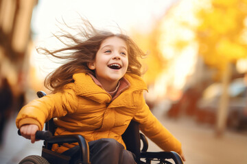 Fototapeta na wymiar A young girl in a wheelchair with her hair blowing in the wind. A person with disabilities. The joy of life. Community support.