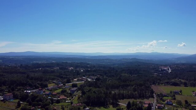 Agroforestry landscape with Eucalyptus, Pinus and Querqus, Tranquil Galician Countryside: Aerial Stock Footage Collection in 4K with DJI Mini 2