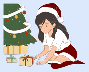 Cheerful girl wearing Santa hat, white t-shirt, red shorts and socks, choosing a gift, opening a present, sitting near decorated Christmas tree. Hand drawn flat cartoon character vector illustration.