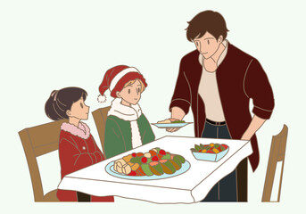Happy family having Christmas, festive meal together. Father, son, daughter sitting, holding plate, serving food at the table. Hand drawn flat cartoon character vector illustration.