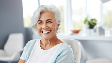 Banner with happy healthy old lady in medical clinic with copy space for text