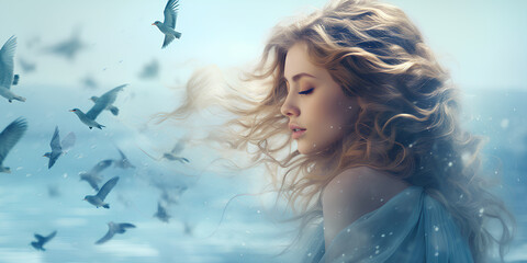 Woman portrait with double exposure and with a flower and flying birds.
