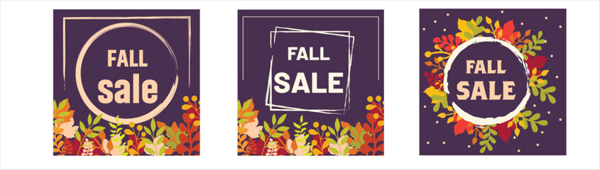 Autumn or Fall sale banner, background set with colorful leaves. Autumn discount, Hello Fall social media poster design templates with foliage frame.