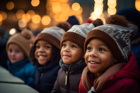 Mixed Race Portrait Of Happy Children At Christmas Market At Night