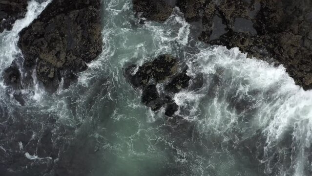 Ascending On Rocks And Waves In Tofino Beach, Vancouver Island, Canada. Aerial Drone Shot